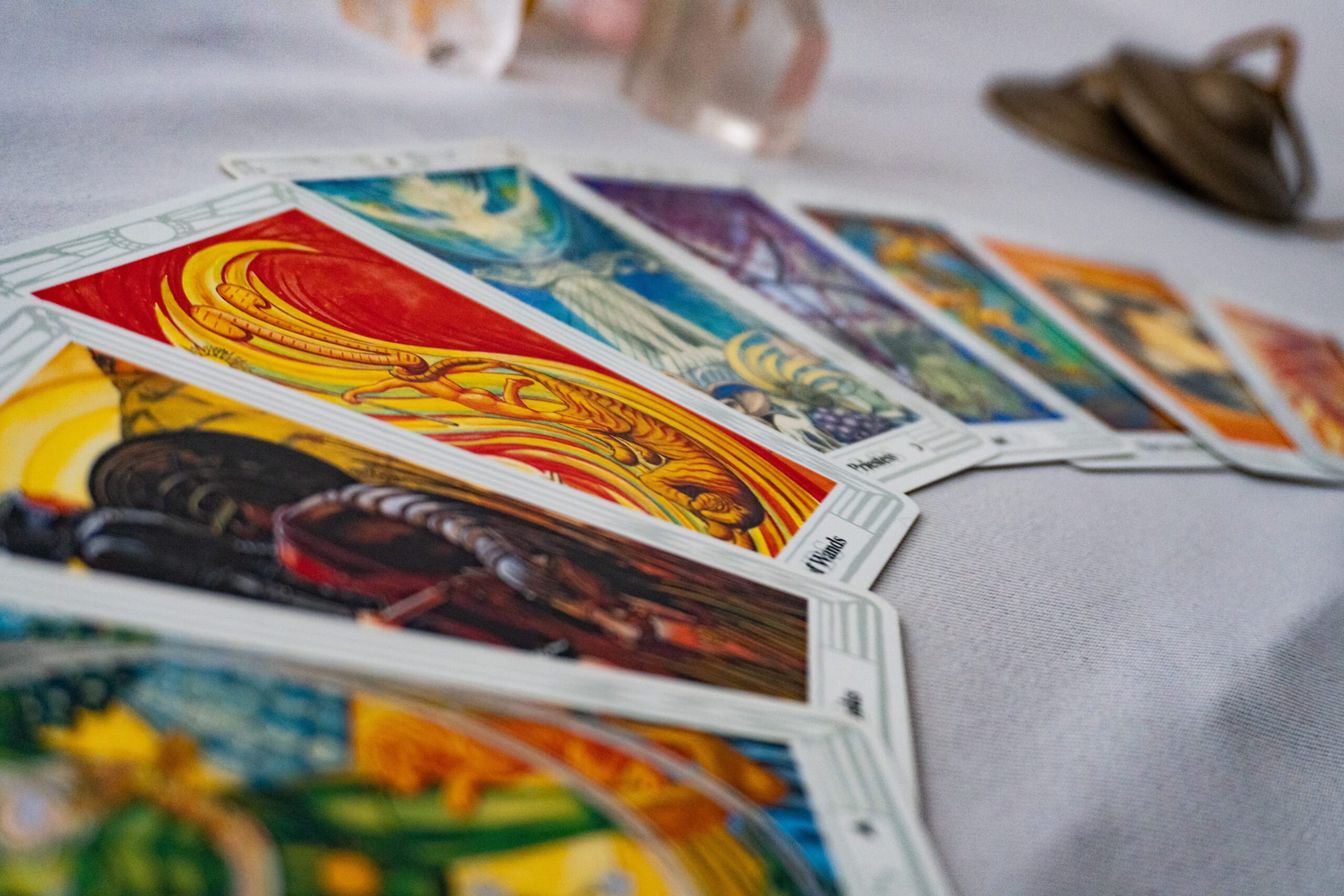 Tarot cards spread on a white table